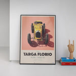 Affiche Bugatti Type 35 Targa Florio fond blanc livre main en bois