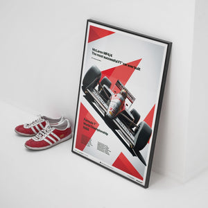 Affiche McLaren MP4/4 - Ayrton Senna encadrée fond blanc chaussure Adidas rouge