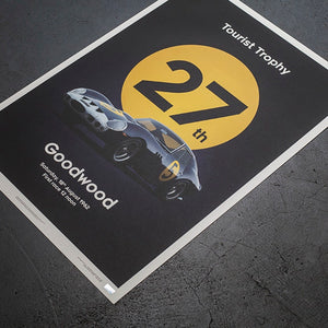 Affiche Ferrari 250 GTO bleu foncé Goodwood 1962 fond béton