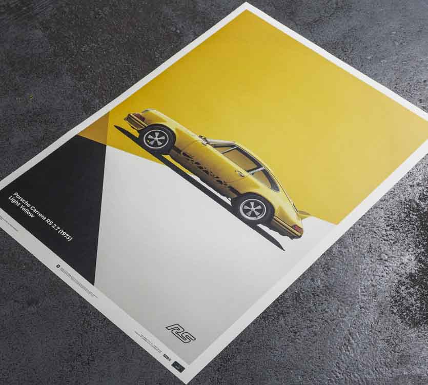 Affiche poster automobilist Porsche 911 RS Jaune fond béton