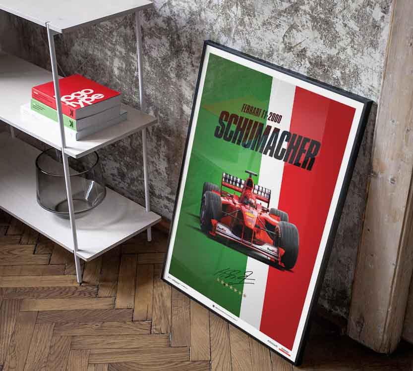 Affiche Ferrari F1 2000 Michael Schumacher Italie posé au sol parquet mûr béton 