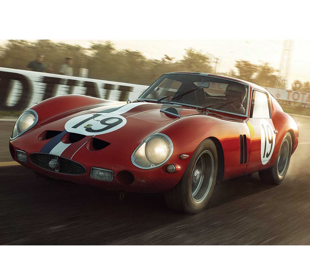 Impression d'une Ferrari 250 GTO rouge sur le circuit des 24h du Mans