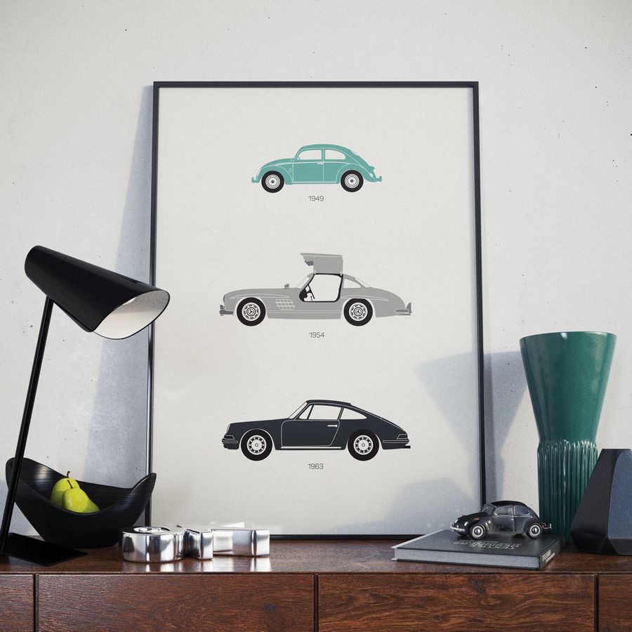 Affiche rear view trio mercedes sl300 Porsche 911, Coccinelle fond bureau