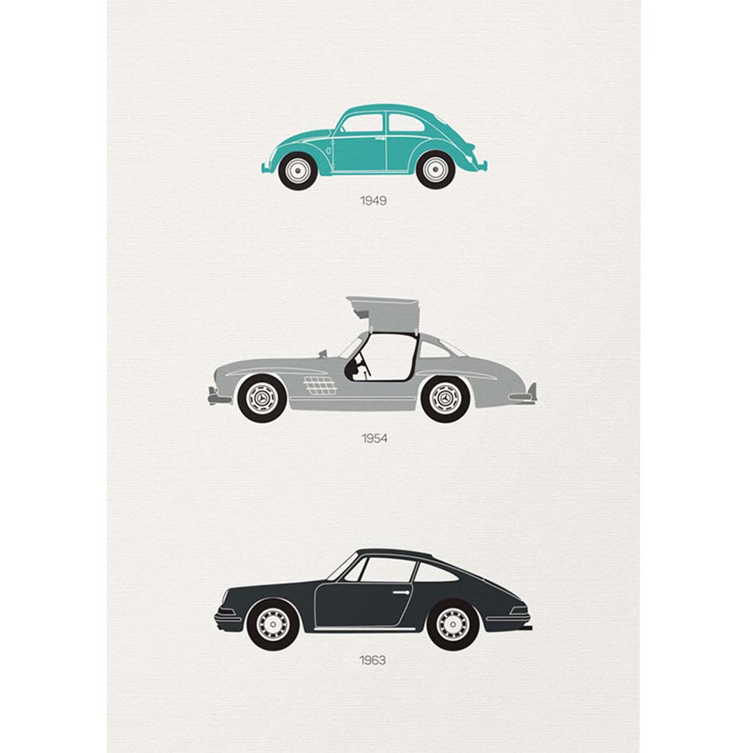 Affiche rear view trio mercedes sl300 Porsche 911, Coccinelle