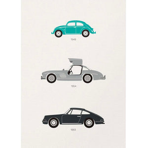 Affiche rear view trio mercedes sl300 Porsche 911, Coccinelle